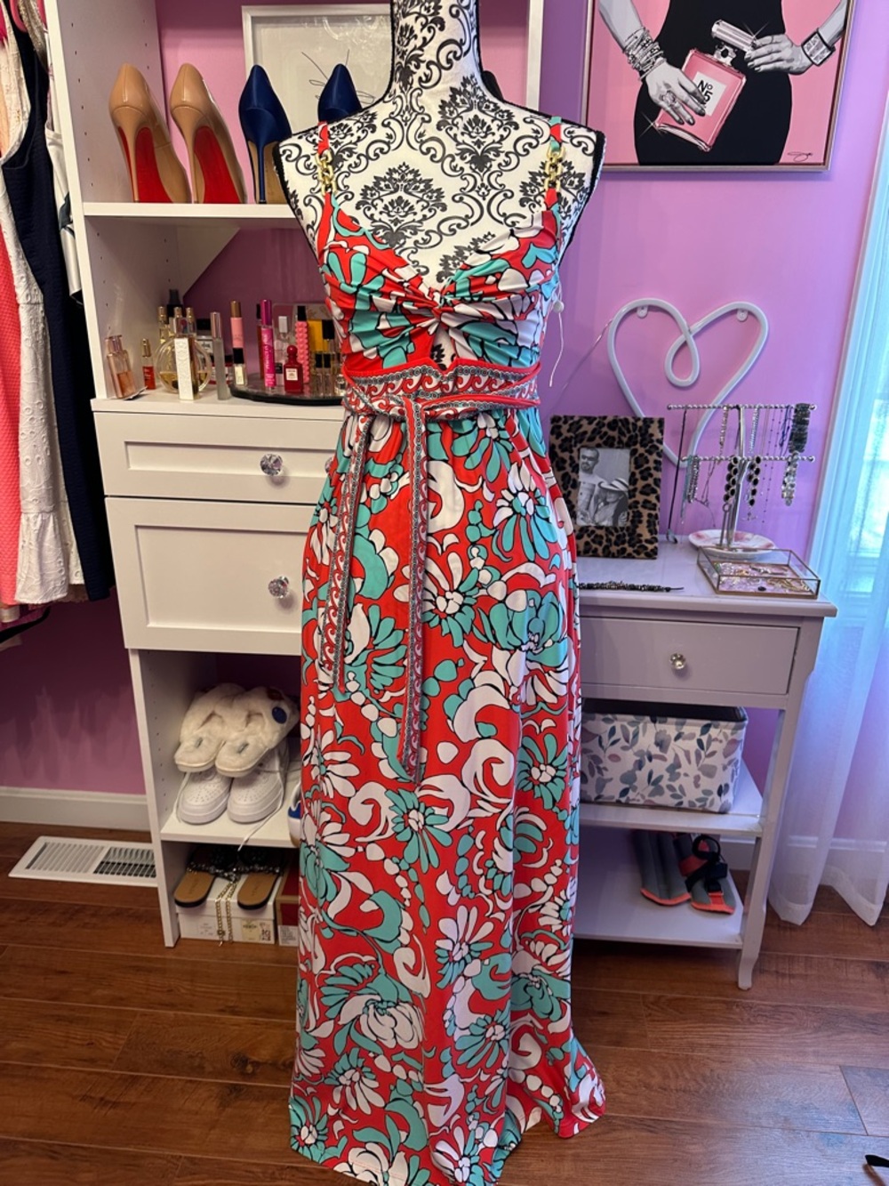 Trina Turk Floral Knot-Front Maxi Dress in Coral and Aqua